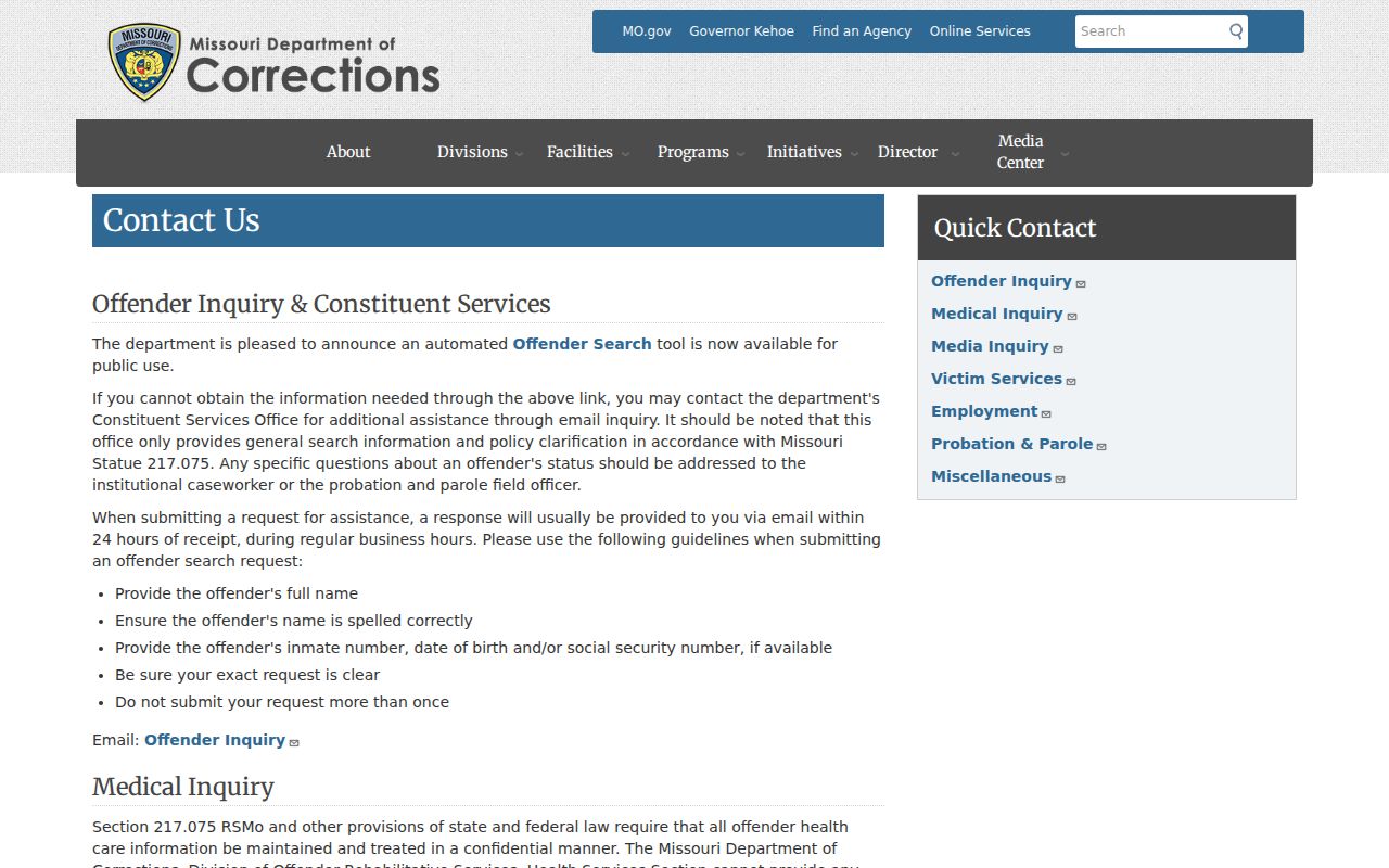 St. Charles County criminal history Missouri DOC offender contact fallback