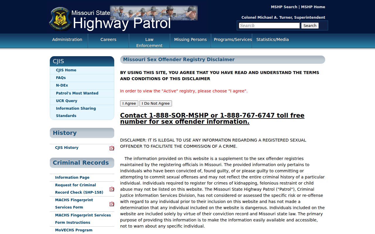 Missouri registry disclaimer for a St. Charles County sex offender check